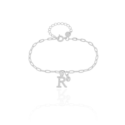 Pulseira Elos Letra R Cravejado Cristal Ródio Branco