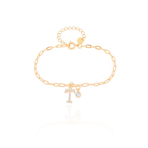 Pulseira Elos Letra T Cravejado Cristal Banhado a Ouro 18K