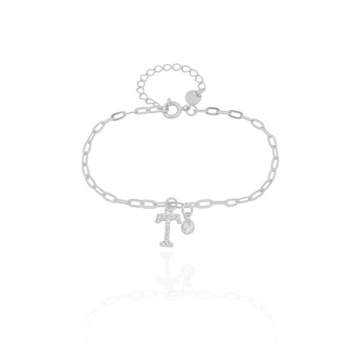 Pulseira Elos Letra T Cravejado Cristal Ródio Branco