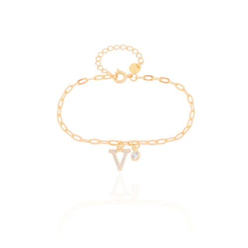 Pulseira Elos Letra V Cravejado Cristal Banhado a Ouro 18K