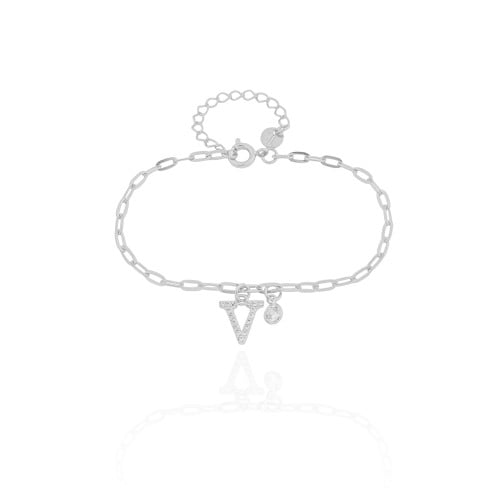 Pulseira Elos Letra V Cravejado Cristal Ródio Branco