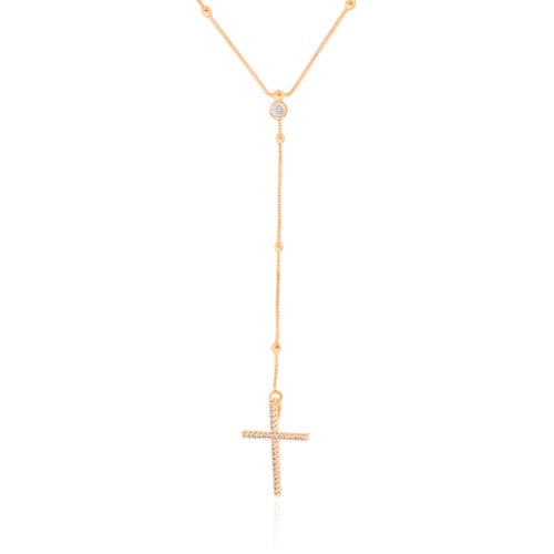 Gargantilha Gravata Bolinhas Cruz Cravejado Cristal Banhado a Ouro 18K - 45 cm