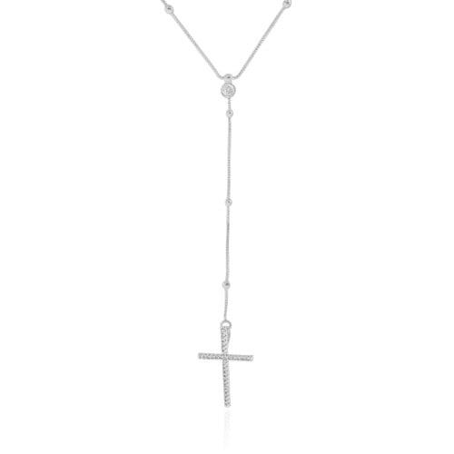 Gargantilha Gravata Bolinhas Cruz Cravejado Cristal Ródio Branco - 45 cm
