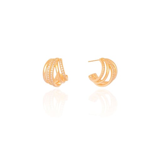 Brinco Argola Filetes Lisos e Cravejados Cristal 1.9 cm Banhado a Ouro 18K