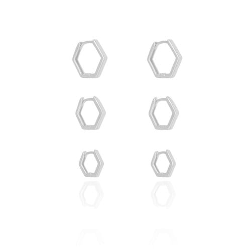 Trio de Argolas Geométricas Ródio Branco