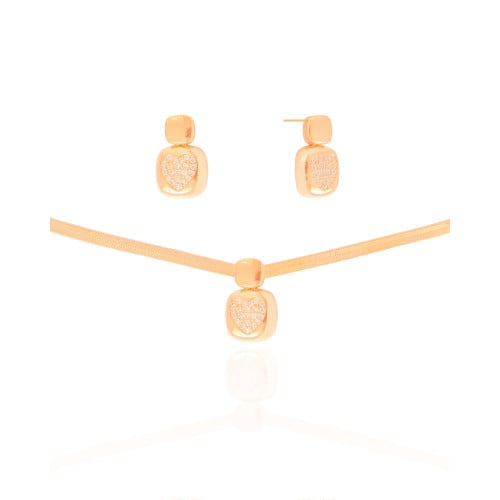 Conjunto Malha Fita Coração Cravejado Cristal Banhado a Ouro 18K