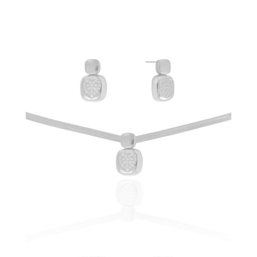 Conjunto Malha Fita Coração Cravejado Cristal Ródio Branco