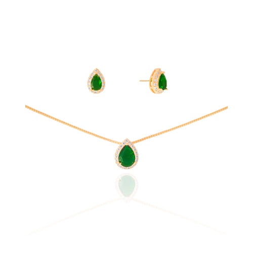 Conjunto Gota Esmeralda Cravejado Cristal Banhado a Ouro 18K