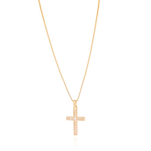 Gargantilha Veneziana Cruz Cravejada Cristal Banhado a Ouro 18K - 45 cm