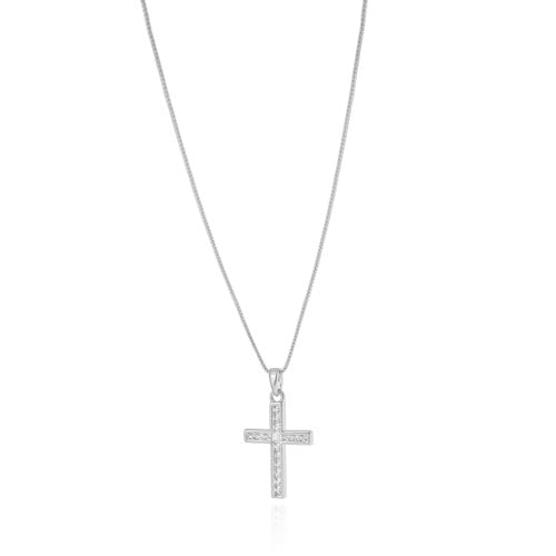Gargantilha Veneziana Cruz Cravejada Cristal Ródio Branco - 45 cm