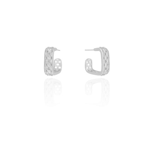 Brinco Argola Quadrada Baguetes Cristal 1.8 cm Ródio Branco