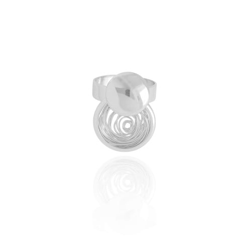 Anel Ajustável Redondo Liso e Espiral Tamanho M Ródio Branco