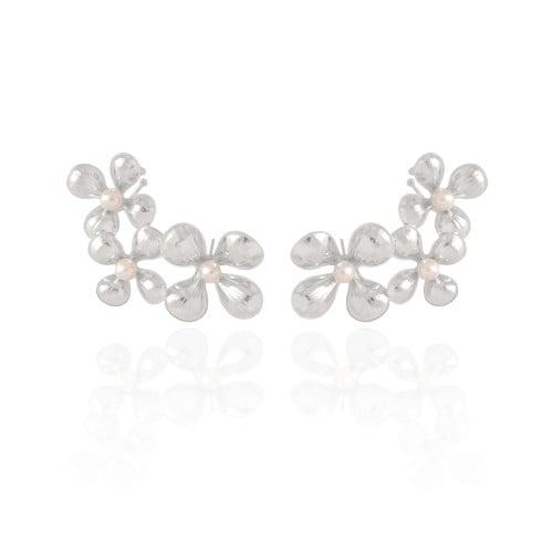 Ear Cuff Flores Pérolas 5.2 cm Ródio Branco