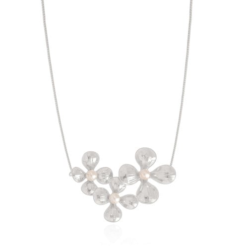 Gargantilha Veneziana Flor Pérola Ródio Branco - 45 cm