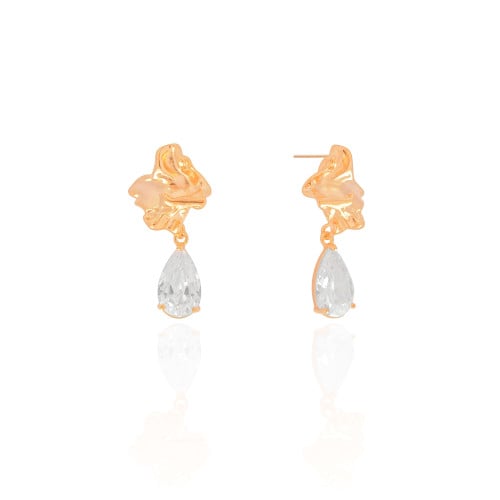 Brinco Orgânico Gota Cristal 3.2 cm Banhado a Ouro 18K