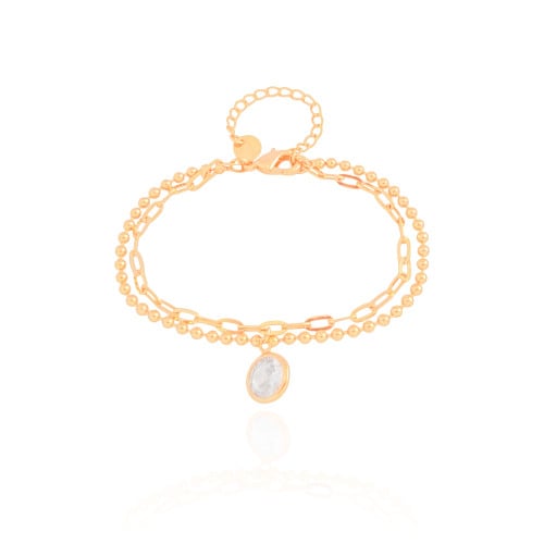 Pulseira Dupla Bolinhas Elos Ponto de Luz Cristal Banhado a Ouro 18K