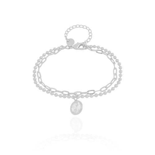 Pulseira Dupla Bolinhas Elos Ponto de Luz Cristal Ródio Branco