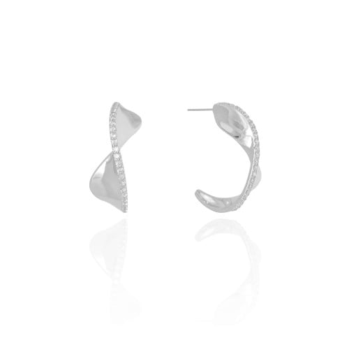 Brinco Argola Torcida Cravejada Cristal 2.8 cm Ródio Branco