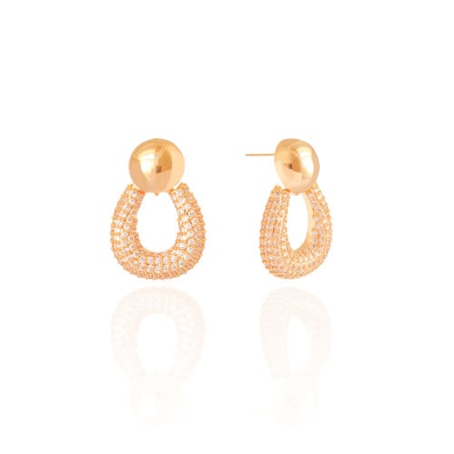 Brinco Bola Lisa Gota Cravejada Cristal 3.0 cm Banhado a Ouro 18K