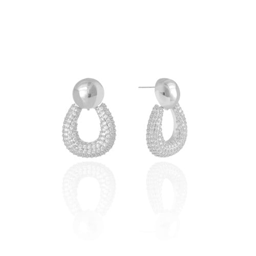 Brinco Bola Lisa Gota Cravejada Cristal 3.0 cm Ródio Branco