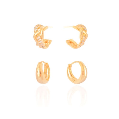 Dupla de Argolas Lisa e Entrelaçada Cravejado Cristal Banhado a Ouro 18K