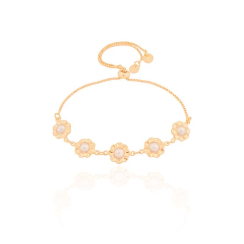 Pulseira Margaridas Pérolas Fecho Gravata Banhado a Ouro 18K