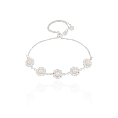 Pulseira Margaridas Pérolas Fecho Gravata Ródio Branco