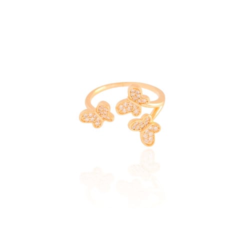 Anel Ajustável Borboletas Cravejadas Cristal Tamanho M Banhado a Ouro 18K