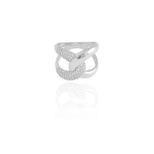 Anel Entrelaçado Cravejado Cristal Tamanho 16 Ródio Branco
