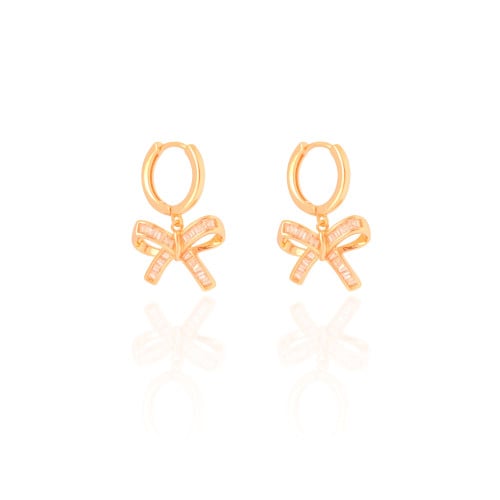 Brinco Argola Click Laço Baguetes Cristal 2.6 cm Banhado a Ouro 18K