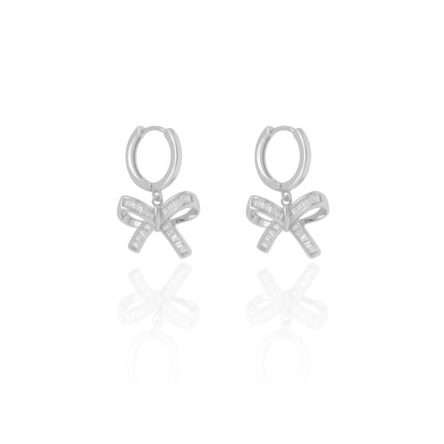 Brinco Argola Click Laço Baguetes Cristal 2.6 cm Ródio Branco