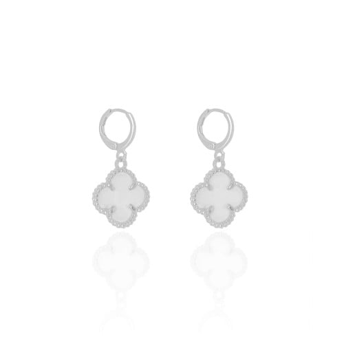 Brinco Argola Click Trevo Madrepérola 3.2 cm Ródio Branco