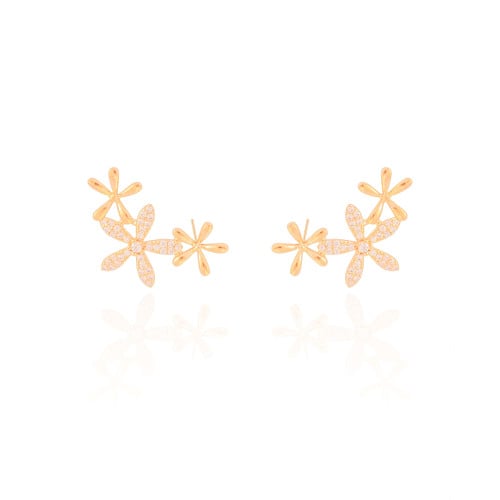 Ear Cuff Flores Cravejado Cristal 2.9 cm Banhado a Ouro 18K
