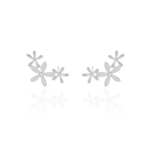 Ear Cuff Flores Cravejado Cristal 2.9 cm Ródio Branco