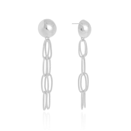 Brinco Meia Bola Franja Elos 6.3 cm Ródio Branco