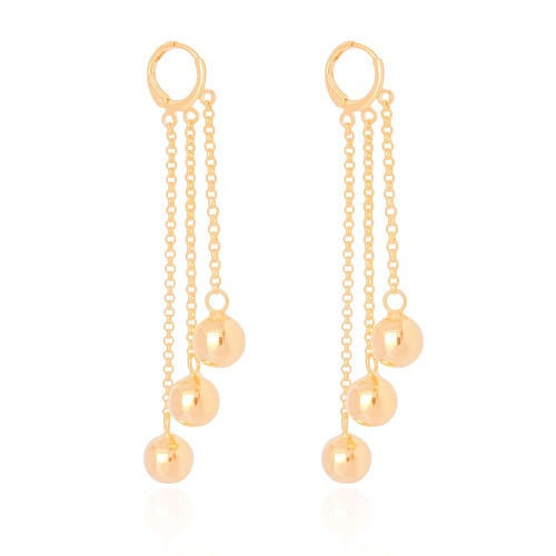 Brinco Argola Click Franjas Bolas Lisas 7.6 cm Banhado a Ouro 18K