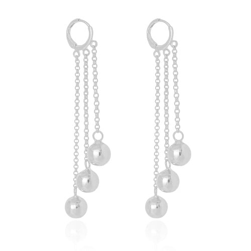 Brinco Argola Click Franjas Bolas Lisas 7.6 cm Ródio Branco
