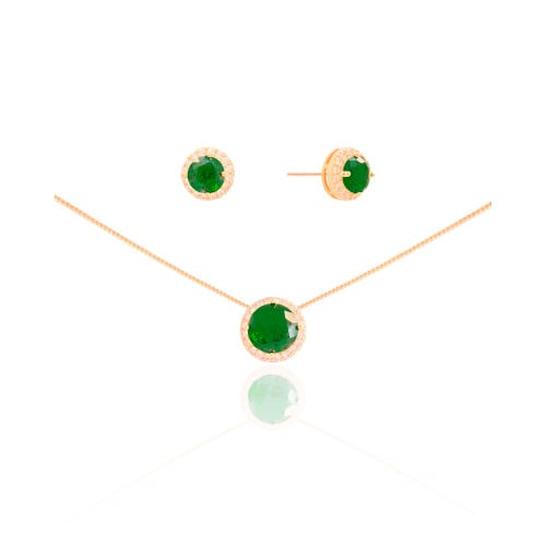 Conjunto Ponto de Luz Esmeralda Cravejado Cristal Banhado a Ouro 18K