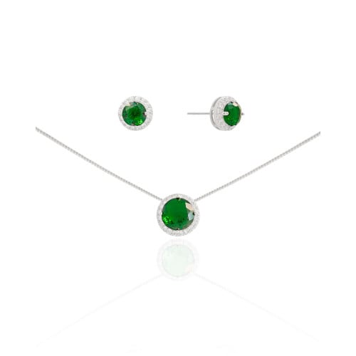 Conjunto Ponto de Luz Esmeralda Cravejado Cristal Ródio Branco