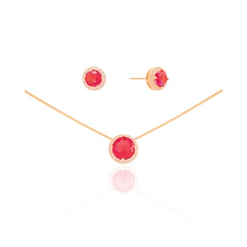 Conjunto Ponto de Luz Rubi Cravejado Cristal Banhado a Ouro 18K