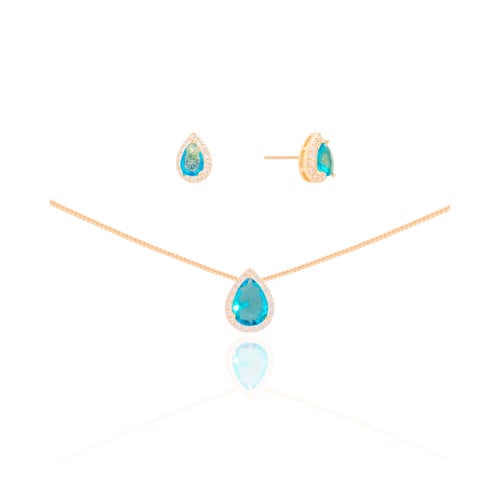 Conjunto Gota Topazio Sky Cravejado Cristal Banhado a Ouro 18K