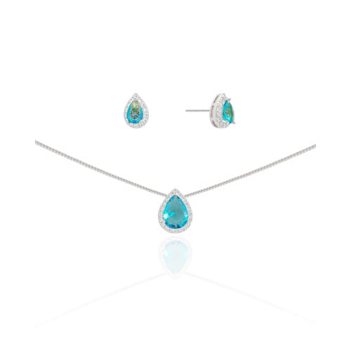 Conjunto Gota Topazio Sky Cravejado Cristal Ródio Branco
