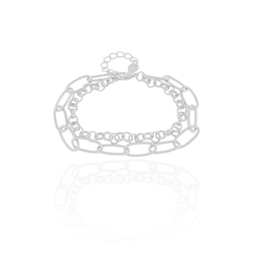 Pulseira Dupla Elos Ovais e Portugueses Ródio Branco