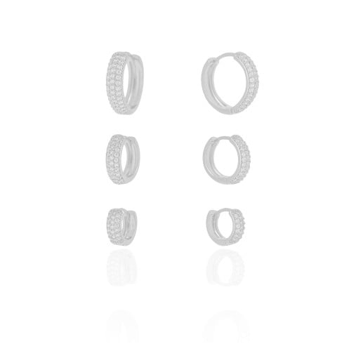 Trio de Argolas Cravejadas Cristal Ródio Branco