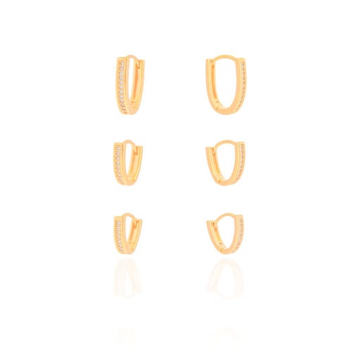 Trio de Argolas em U Cravejadas Cristal Banhado a Ouro 18K