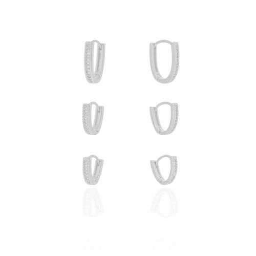 Trio de Argolas em U Cravejadas Cristal Ródio Branco