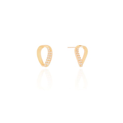 Brinco Oval Torcido Cravejado Cristal Texturizado 1.6 cm Banhado a Ouro 18K