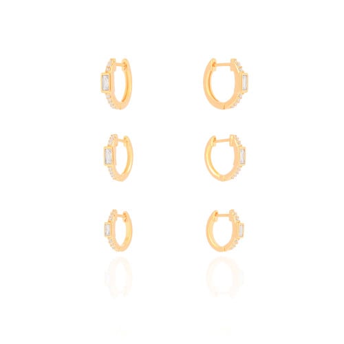 Trio de Argolas Baguetes Cravejado Cristal Banhado a Ouro 18K