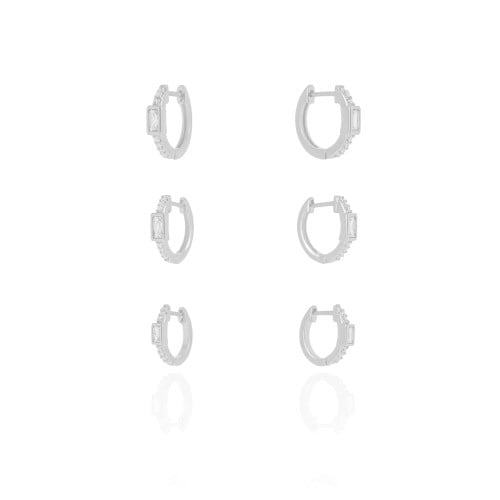 Trio de Argolas Baguetes Cravejado Cristal Ródio Branco