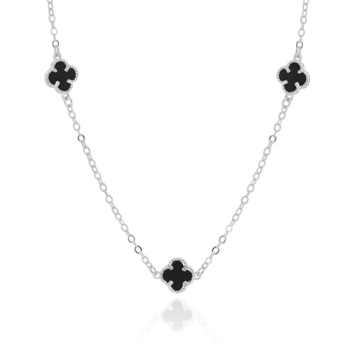 Choker Elos Trevos Tom Onix 1.0 cm Ródio Branco